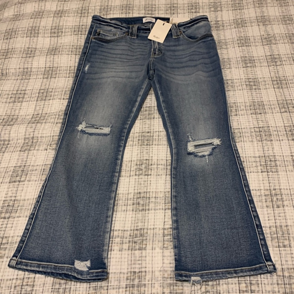 Kancan size 11/29 low rise kick flare distressed denim blue jeans NWT